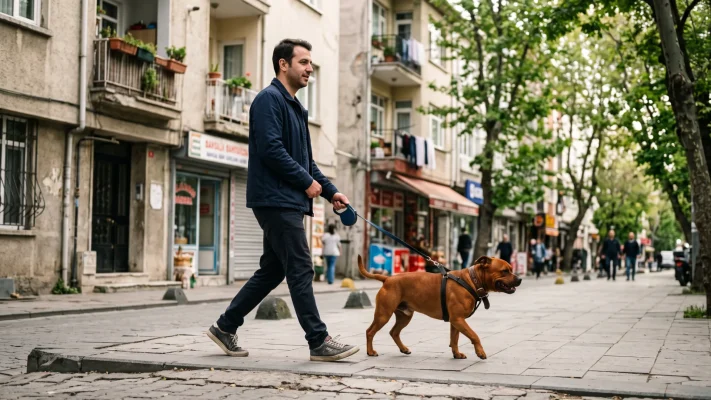 İstanbul'da bir sokakta tasmayla yürüyen İngiliz Staff ve sahibi