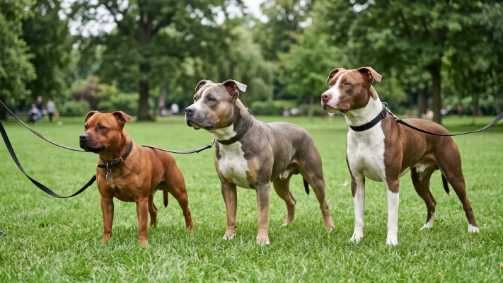 Parkta yan yana duran İngiliz Staff, American Staffordshire Terrier ve Pitbull