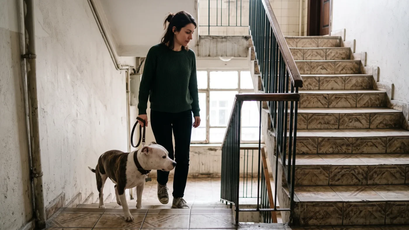 İngiliz Staff Tehlikeli mi? Çocuklu Evde ve Apartmanda Beslenir mi? 4 Apartman merdiven boşluğunda kısa tasmayla yürüyen İngiliz Staff ve sahibi