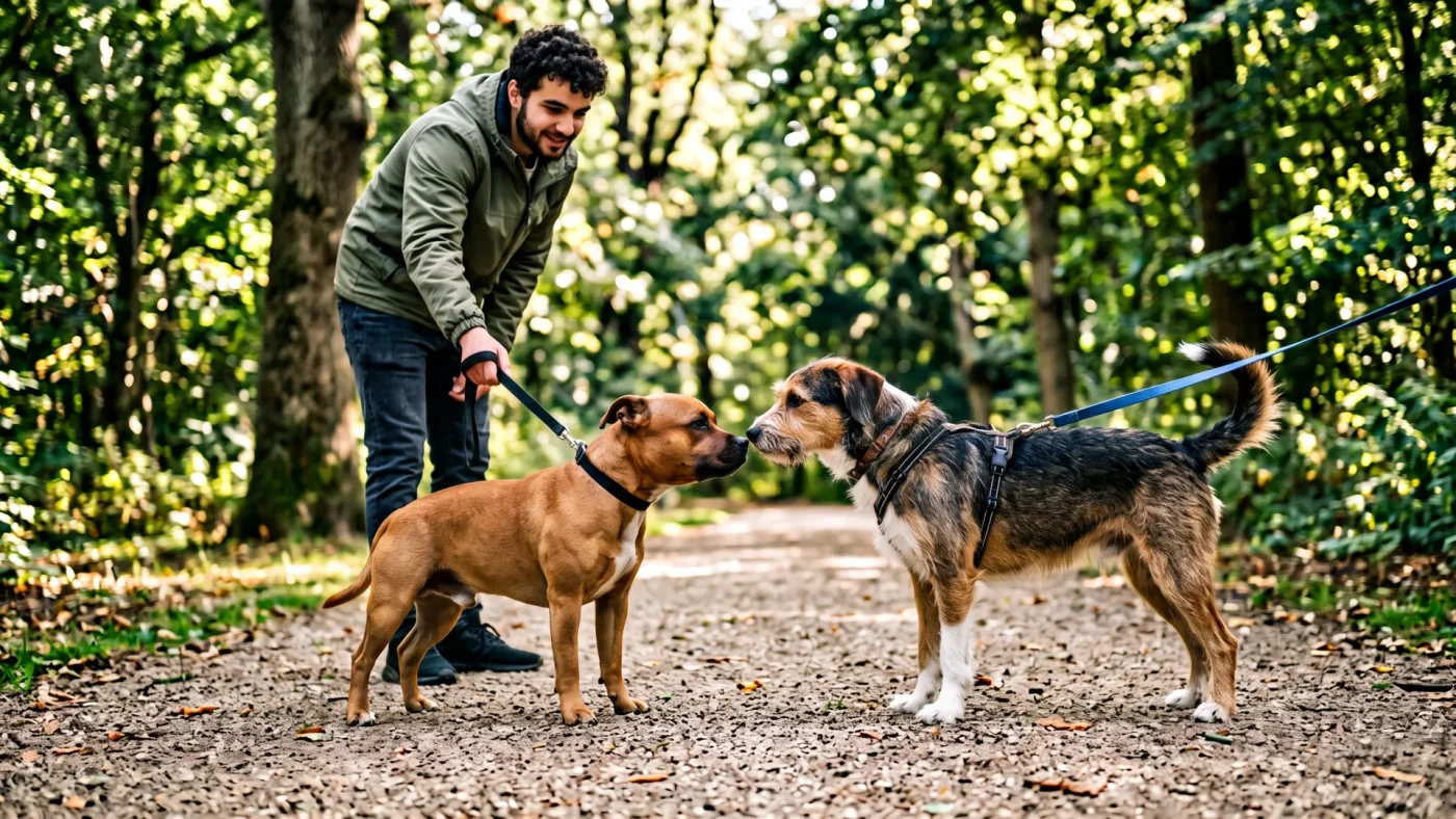 İngiliz Staff Tehlikeli mi? Çocuklu Evde ve Apartmanda Beslenir mi? 2 Tasmalı İngiliz Staff parkta başka bir köpekle kontrollü tanışıyor