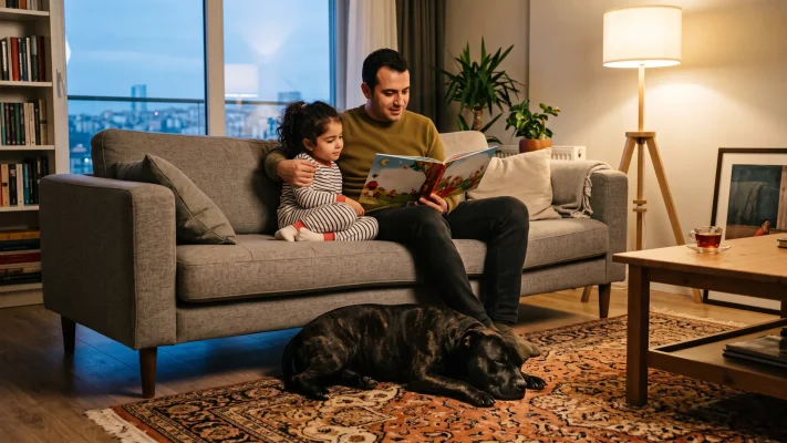 Baba ile kızı kitap okurken halıda sakin uzanan İngiliz Staff