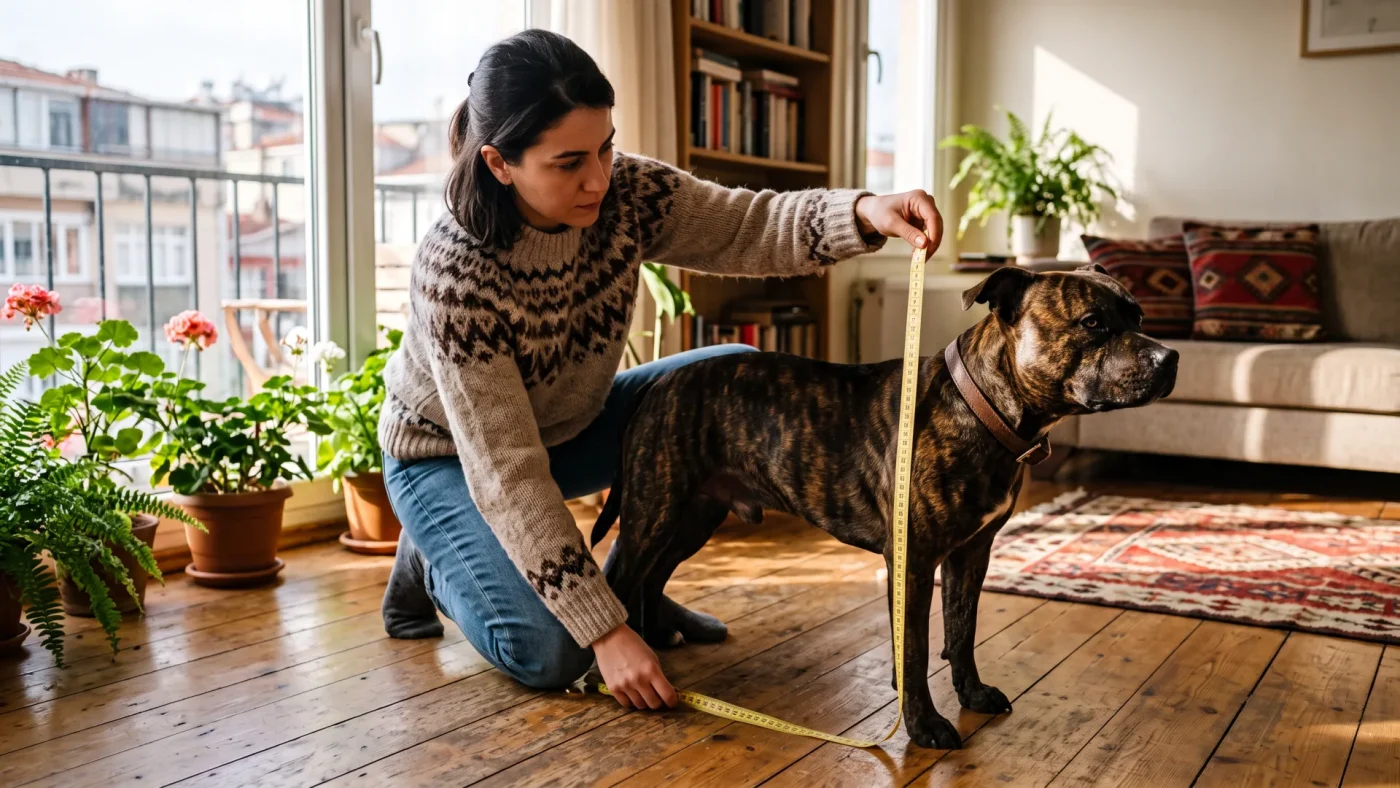 İngiliz Staff, American Staff ve Pitbull Farkı: Bu 3 Irkı Nasıl Ayırt Edersiniz? 2 İngiliz Staff'ın omuz yüksekliği mezurayla ölçülüyor