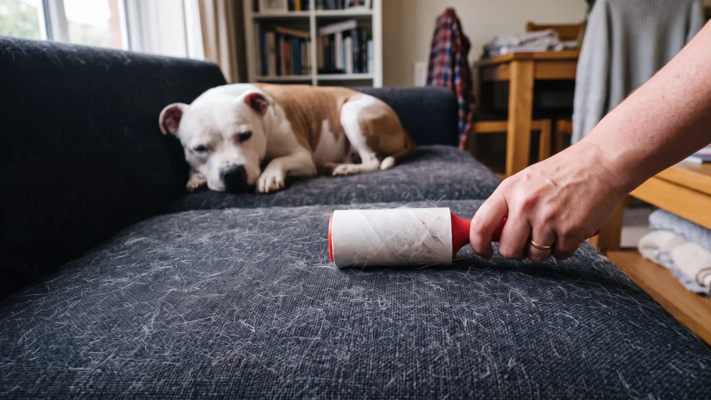 İngiliz Staff Tüy Döker mi? Tüy Dökümü, Bakım ve Alerji Gerçekleri 2 Koyu renk koltukta kısa köpek tüyleri ve tüy toplama rulosu