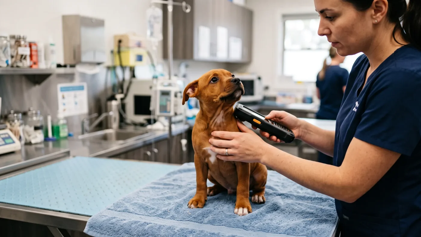 Köpek Alırken Satıcıya Sorulacak 15 Soru (İngiliz Staff Örneğiyle) 3 Veteriner İngiliz Staff yavrusunun mikroçipini okutuyor